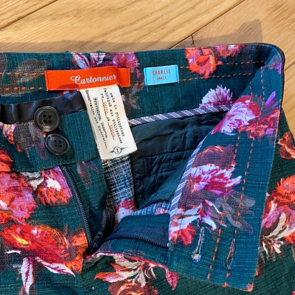 Anthropologie Cartonnier Charlie Ankle Pant Crop in Green with florals size 2 - Picture 7 of 16